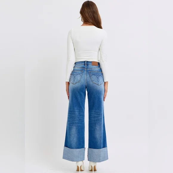 Judy Blue High-Rise Torn Boyfriend Jeans Ultra Wide Leg Cuff Raw Hem Denim Pants - Picture 7 of 16